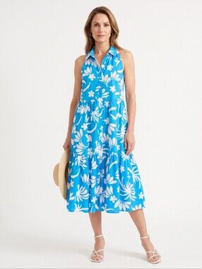 Nicole Miller NY Blue White Floral Linen Blend Sleeveless Tiered Shirt Dress L